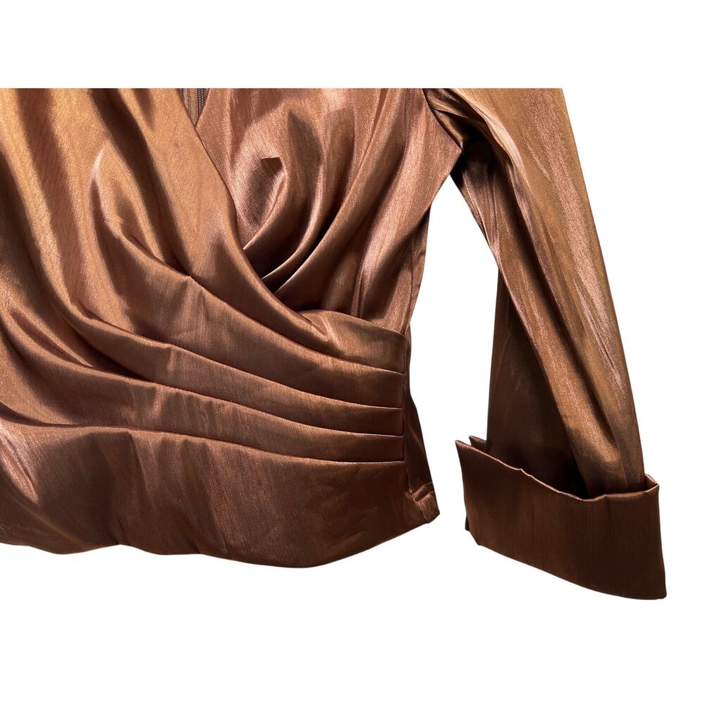 Vintage Cachet Wrap-Look Back-Zip Brown Metallic Dress Shirt 6 - Picture 3 of 8
